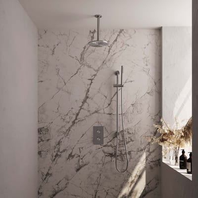 Brauer Brushed Edition thermostatische inbouw regendouche 3-weg omstelling SET 41 met 20 cm douchekop en plafondarm en staaf handdouche en doucheslang en geïntegreerde glijstang RVS geborsteld PVD