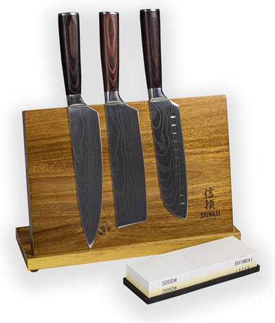 Shinrai Knives - 3-delige Messenset Damast Print - Japans Design met Messenblok en Slijpsteen - Complete Luxe Messenset voor de serieuze Kookliefhebber - Messenhouder - Keukenmes - Koksmes