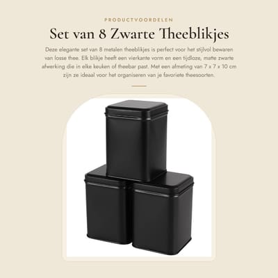 Dailygoods- Theeblikjes 8 stuks - Zwarte Theedoos - Bewaardoos voor Losse Thee - Metalen Blikjes - 7 x 7 x 10 cm - Robuust en Stijlvol