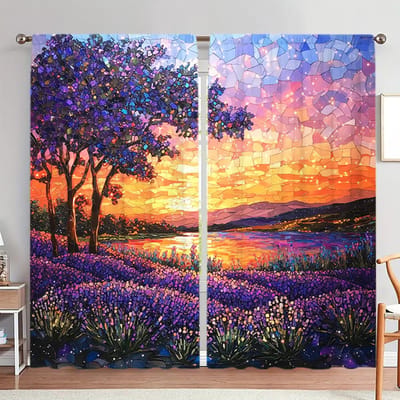 2 stuks Gebrandschilderd Glas Paars Lavendel Bedrukte Gordijn voor Huisdecoratie - Tunnel voor Roede Raambekleding voor Slaapkamer, Kantoor, Keuken 52.5cmX116cm X 2pcs orange