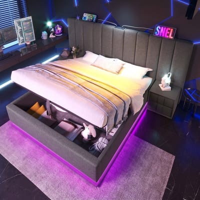 VVBV Gestoffeerd Opbergbed 180x200 cm - LED, USB-C, Hydraulische Opbergruimte, Lattenbodem, Nachtkastje, Linnen - 456G