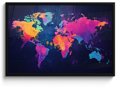 Poster in lijst - Fotolijst 90x60 cm - Posters - Wereldkaart - Kleurrijk - Graffiti - Posterlijst zwart - Decoratie - Wanddecoratie woonkamer - Muurdecoratie slaapkamer