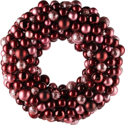 Dekoratief | Krans m/kerstballetjes, bordeau, pvc, 25x25x6cm | A245281