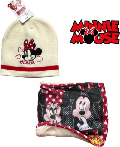 Minnie Mouse set / winterset - Muts + Colsjaal/Nekwarmer - Off White / Rood - Maat One Size (± 52-54 cm hoofdomtrek - ±3-6 jaar)