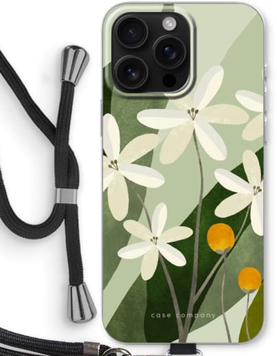 Case Company® - Hoesje met koord geschikt voor iPhone 16 Pro Max hoesje met Koord - Ivory bloom - Telefoonhoesje met Zwart Koord - Bescherming aan alle Kanten en Over de Schermrand