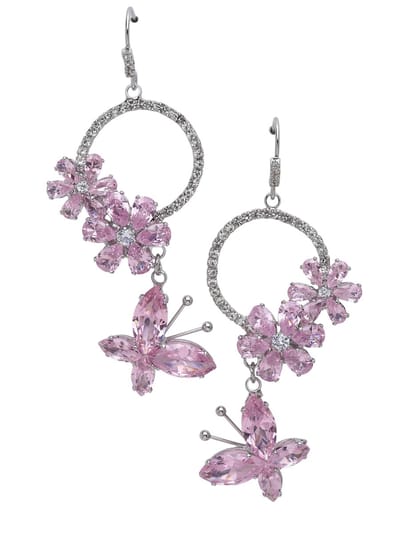 AVANT-GARDE PARIS Oorbellen - Dangle - Rhodium Plated - 6.3 cm - Bloem Motief - Vlinder Accent