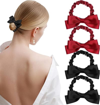 Set van 4 Haarbanden met Strik voor Dames, Satijnen Elastische Ponytail Houders in Zwart en Rood, Perfect voor Elke Gelegenheid