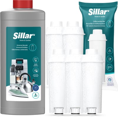 Sillar 5x waterfilter - vervanging voor DLS C002 SER3017 - compatibel met koffiezetapparaten DeLonghi Dinamica PrimaDonna, catridge + 1x Ontkalker 1L - koffiezetapparaat kit