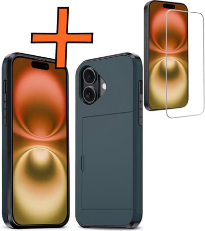 Hoesje Geschikt voor iPhone 16 Hoesje Pasjeshouder Shockproof Hard Case Met Screenprotector - Hoesje Geschikt voor iPhone 16 Hoes Met Kaarthouder - Donkerblauw