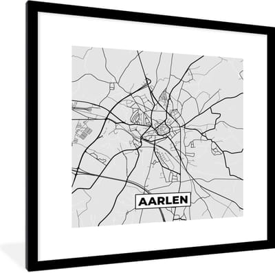 Fotolijst incl. Poster Zwart Wit- Stadskaart – Plattegrond – België – Zwart Wit – Aarlen – Kaart - 40x40 cm - Posterlijst