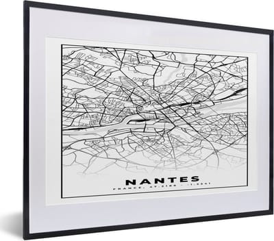 Fotolijst incl. Poster Zwart Wit- Stadskaart - Plattegrond - Nantes - Kaart - Frankrijk - Zwart wit - 40x30 cm - Posterlijst