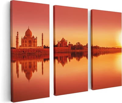 Artaza Canvas Schilderij Drieluik Taj Mahal bij Zonsondergang - 120x80 - Foto Op Canvas - Canvas Print