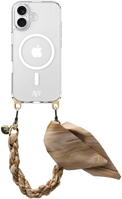 AVY Hoesje geschikt voor Apple iPhone 16 | Compatibel met MagSafe | Clear Case met Telefoonkoord 32CM | Polsband Aurum Gold