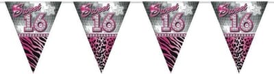 Sweet 16 Sixteen vlaggenlijn slinger - plastic - 10 meter - versiering - roze/zilver - feestartikelen