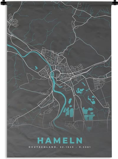 Wandkleed - Wanddoek - Blauw – Duitsland – Plattegrond – Stadskaart – Kaart – Hameln - 120x180 cm - Wandtapijt