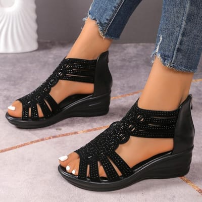Dames Sandalen Sleehakken Nieuw Zomer Comfortabel Hol Romeins Sandalen Elegante Lage Hak Schoenen voor Dames Mode De Mujer 35 black