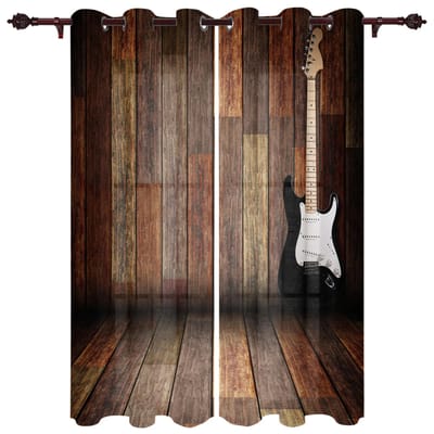 Panneaux Rideaux Musicaux 2 Panneaux Guitare Basse Rideaux pour Salon Fenêtre de Cuisine Stores Fenêtres du Sol au Plafond cortinas Haut à Œillets 2x50W100H(CM)&Grommet Top