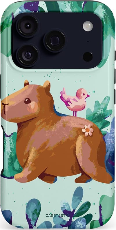 Casetastic hoesje geschikt voor Apple iPhone 17 Pro - MagSafe - Dubbellaagse bescherming - Capibara Vogeltjes Vriend - Fashion Case - Lichtgrijs Petrol Mintgroen Bruin