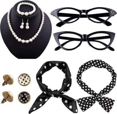 12-delige jaren '50 kostuumaccessoireset met kattenoogbril, stippenoorbellen en sjaal voor retro feesten