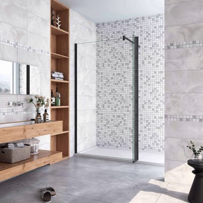Inloopdouche-douchewand-walk in 8mm NANO EasyClean veiligheidsglas，40x200cm+40x200cm draaibaar hoekprofiel+F-vorm: 90 Stabilisatiestang,mat zwart aluminium profiel.