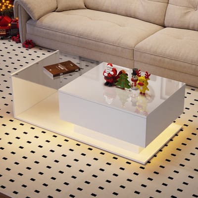 Wishdor Hoogglans salontafel 100×50×32 cm – wit met glazen inleg, geïntegreerde lade en krasbestendige afwerking