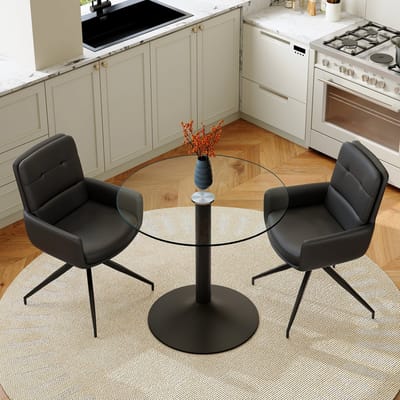 OKWISH Eettafelset 85 Cm - Ronde Glazen Tafel Met 2 Draaibare Eetkamerstoelen - Eethoek - Glas Metaal En PU - Zwart Transparant
