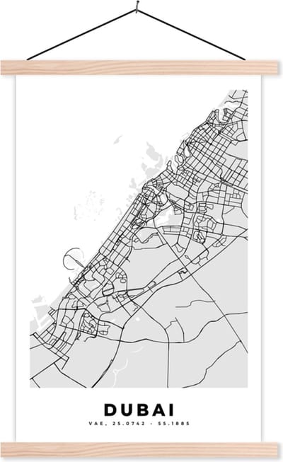 Posterhanger incl. Poster 40x60 cm - Schoolplaat - Dubai - Stadskaart - Plattegrond - Zwart Wit - Kaart - Textielposter - Blanke latten - Stadskaart
