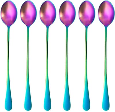 Intirilife Set van 6 lepels van roestvrij staal in Regenboogkleuren - Lengte 19 cm - Ijslepel met lange steel, dessertlepel voor koffie Latte Macchiato, longdrinks, ijsthee