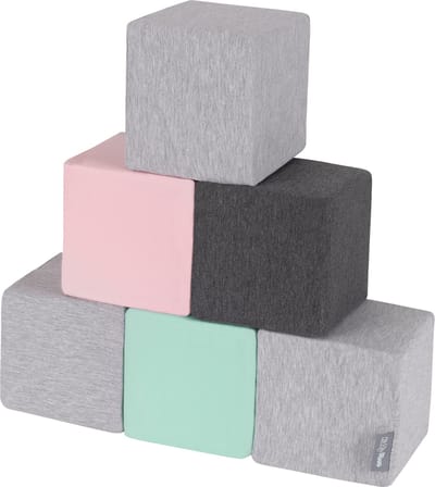 KiddyMoon Zachte Blokken voor Baby 6 Stuks - Montessori speelgoed 1 jaar - Speelmat foam - Foam blokken speelgoed kinderen XXL - Montessori baby - Zachte baby speelgoed - Schuimrubber speeltoestel - Baby speeltuin - Lichtgrijs-Donkergrijs-Roze-Munt