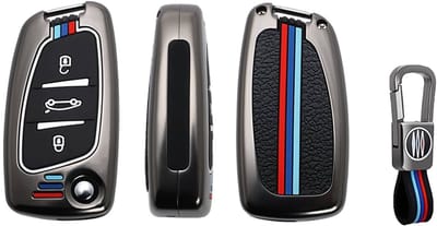 Autosleutel Hoesje geschikt voor Peugeot - Sleutelcover - Metalen Sleutelhoes - Accessoires - grijs