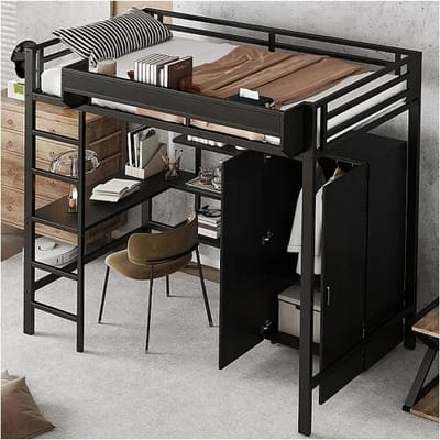 ModernLuxe Mezzanine bed 90x200 cm - met tafel - met kledingkast - met meerdere opbergruimtes - met 5-treden ladder - ijzer + spaanplaat - zwart