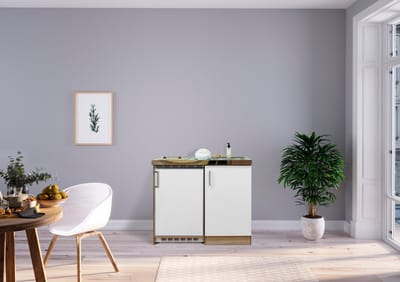 Goedkope keuken 100  cm - mini keuken met apparatuur Levin - Eiken/Wit - keramische kookplaat  - koelkast          - kleine keuken - compacte keuken - keukenblok met apparatuur