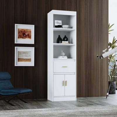 DHN Witte Vitrinekast - Woonkamer kast - Met 1 Lade En 2 Deuren - Hoge Kast - Decoratiekast - Stand Kast - Wit