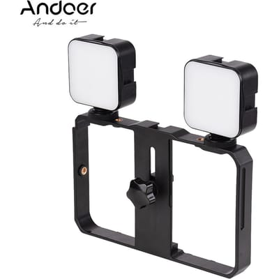 Mini LED Videolamp 5W Fotografie Invullicht 6500K Dimbaar, 2 stuks + Handheld Smartphone