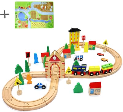 Dastium Kids - 54 Delige Treinset - Houten Speelgoed Trein Set - Treinbaan - Treinspeelset - Inclusief Speelmat