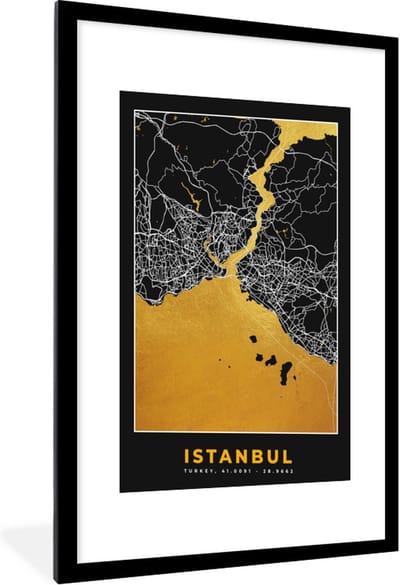Fotolijst incl. Poster - Istanbul - Plattegrond - Goud - Stadskaart - Kaart - 60x90 cm - Posterlijst