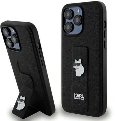 Karl Lagerfeld Gripstand Saffiano Choupette Pins Case for iPhone 13 Pro / 13 - Black