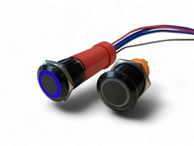 NorTide Waterdichte RVS drukknop/drukschakelaar zwart 12V / 24V IP67 20Amp hoge stroom voor auto, boot of camper | Blauwe LED