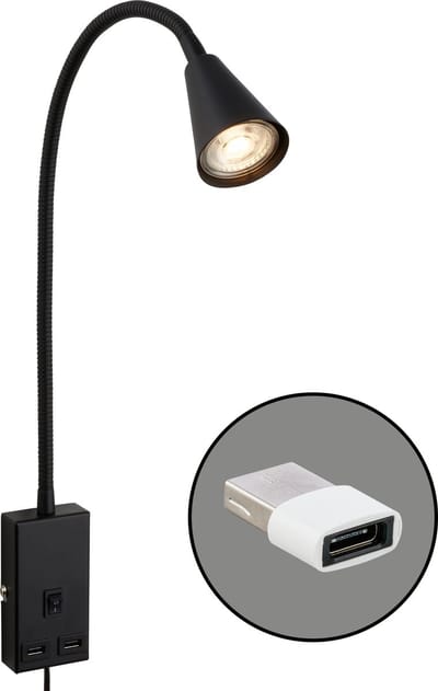 BRILONER Justra - Stekkerlamp - leeslamp - draaibaar - 2 USB poorten - wandlamp - 48,5 x 6 x 42,5 cm - Zwart