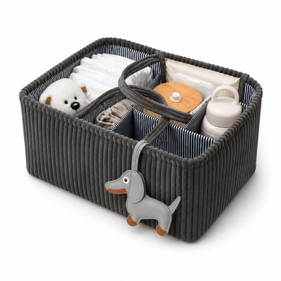 Opvouwbare Luiertas Organizer Bruin - Corduroy Luiermand met Vakken en Verdelers - Baby Opbergmand voor Luiers, Doekjes en Accessoires - Draagbare Nursery Caddy - Grijs