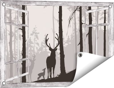 Gards Tuinposter Doorkijk Herten in het Bos - Silhouet - 60x40 cm - Tuindoek - Tuindecoratie - Wanddecoratie buiten - Tuinschilderij