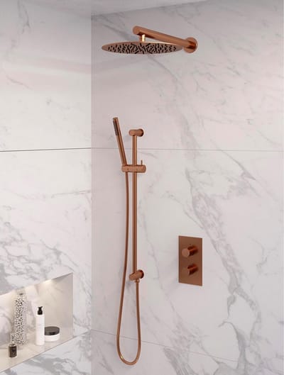 Brauer Copper Edition thermostatische inbouw regendouche 3-weg omstelling SET 38 met 30 cm douchekop en rechte muurarm en staaf handdouche en doucheslang en geïntegreerde glijstang koper geborsteld PVD