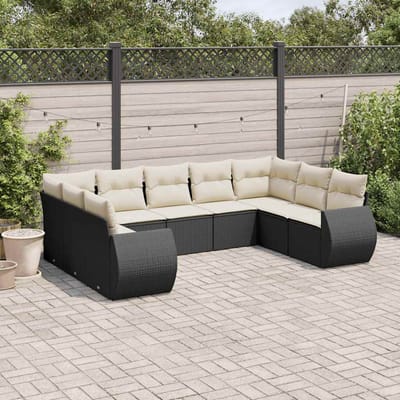 vidaXL - 9-delige - Loungeset - met - kussens - poly - rattan - zwart