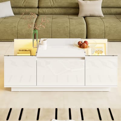 Wishdor Salontafel 105x50 cm wit – minimalistisch hoogglans/mat design, 16-kleurige Bluetooth LED, 2 schuifladen & glasplaten