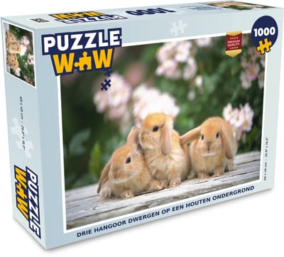 Puzzel Drie hangoor dwergen op een houten ondergrond - Legpuzzel - Puzzel 1000 stukjes volwassenen