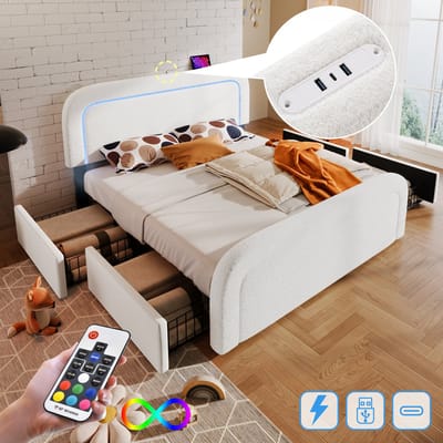 MODFU - Tweepersoons Bedframe - USB-C En Ledverlichting - 4 Opberglades - Verstelbaar Hoofdbord - Teddystof - Wit - 160 X 200 Cm