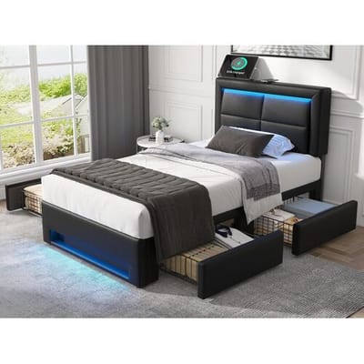 ModernLuxe Bed met lades 90x190 cm in kunstleer - met LED en oplaadpoorten (bedraad & draadloos) - Zwart