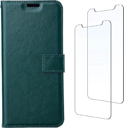 LuxeBass Boekhoesje en 2x Screenprotector geschikt voor iPhone 13 - Groen - telefoonhoes - gsm hoes - telefoonhoesjes