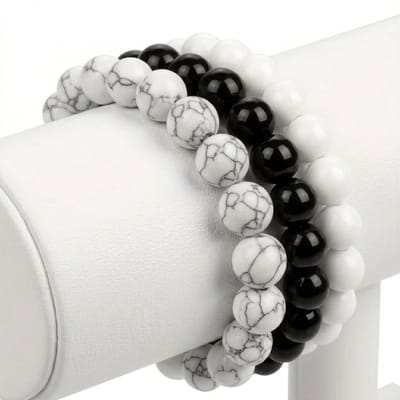 Zwart wit kralen armband set voor dames en heren – elastische armband van steen – 3 stuks