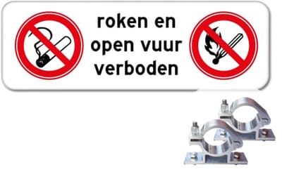 Bord Roken en Open vuur verboden - Weerbestendig Aluminium - 40x15 cm - Bevestiging: Met paalbeugels Ø48mm